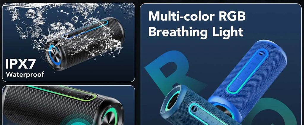 Portable waterproof Bluetooth speakers in black and blue with glowing RGB LED lights, featuring simple control buttons.