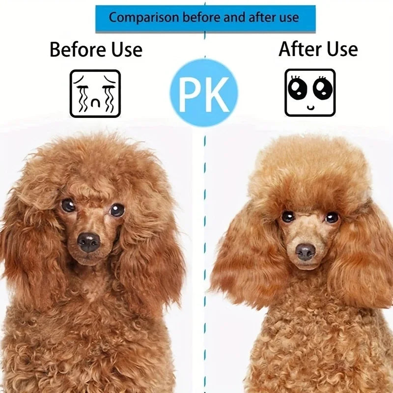 Before and after comparison of a brown poodle with messy fur vs. groomed, smooth fur.