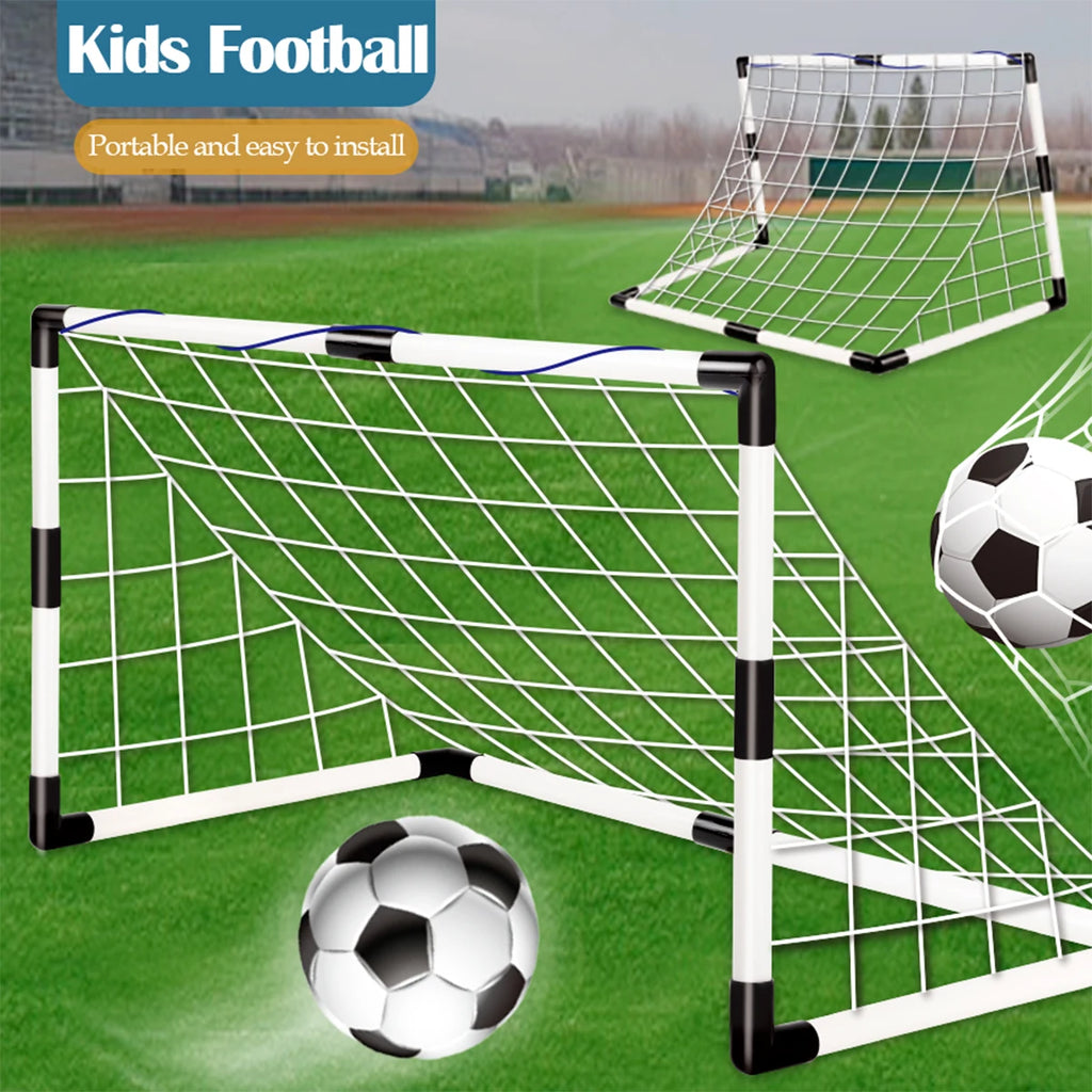 Portable kids' football goal set with white and black frame, white net, and classic black and white footballs.