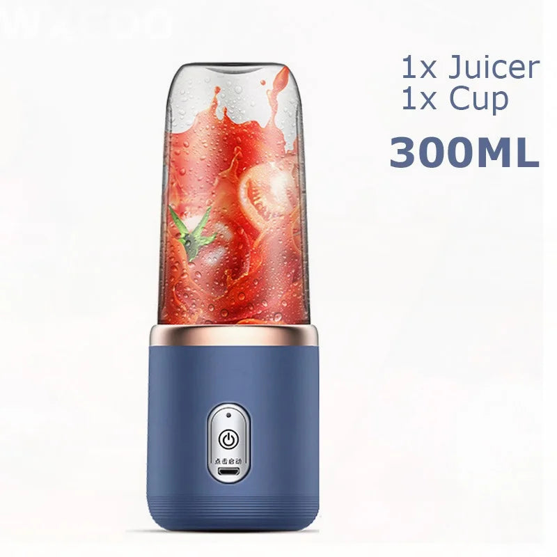 Portable 300ml blue juicer blender with rose gold trim and clear cup containing tomato juice, on white background.