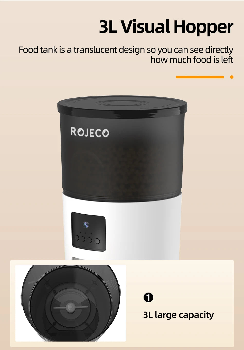 3L automatic pet food dispenser with a translucent black hopper and white base. Includes a top-down view of the bin.