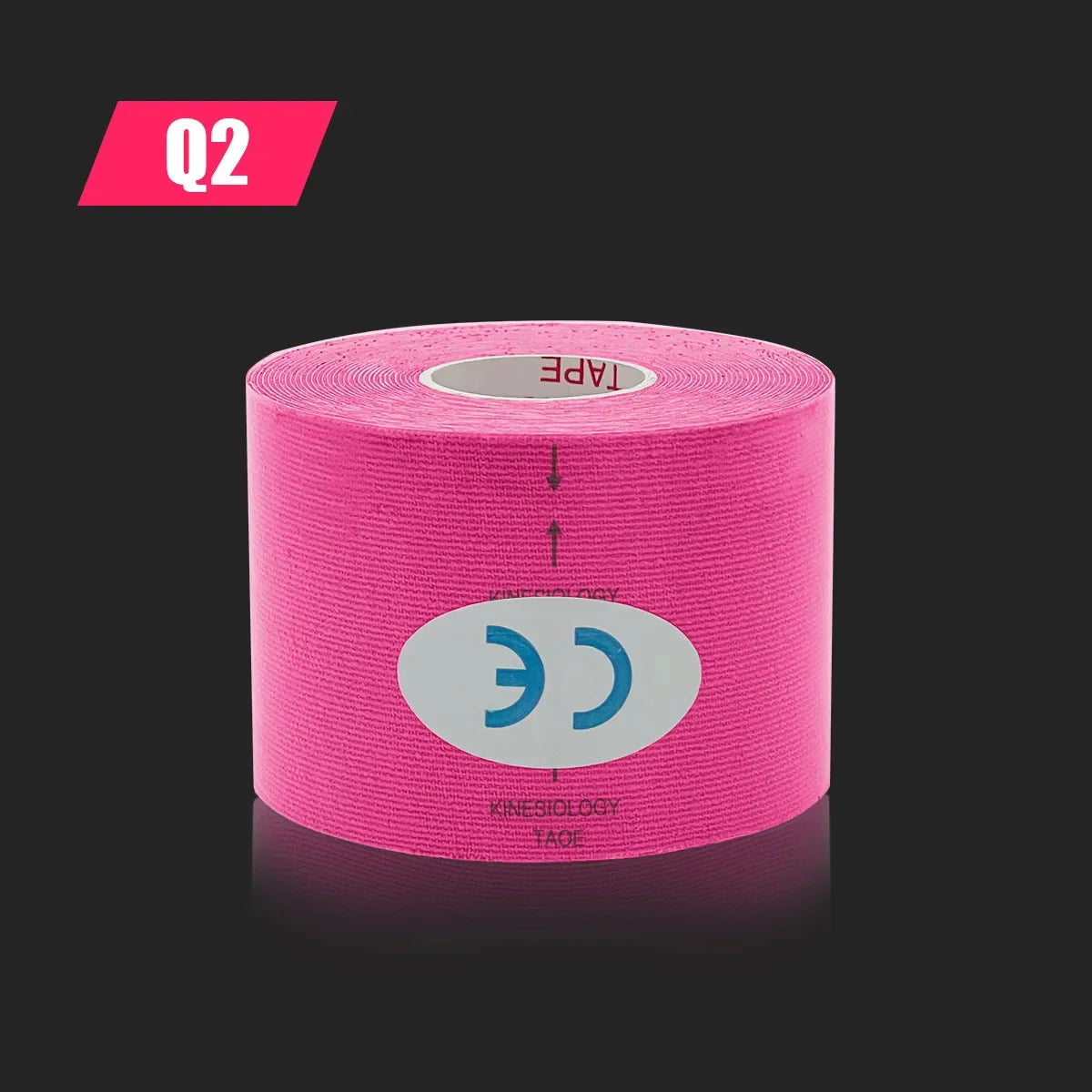 A roll of bright pink kinesiology tape with a central white oval CE marking logo on a black background.