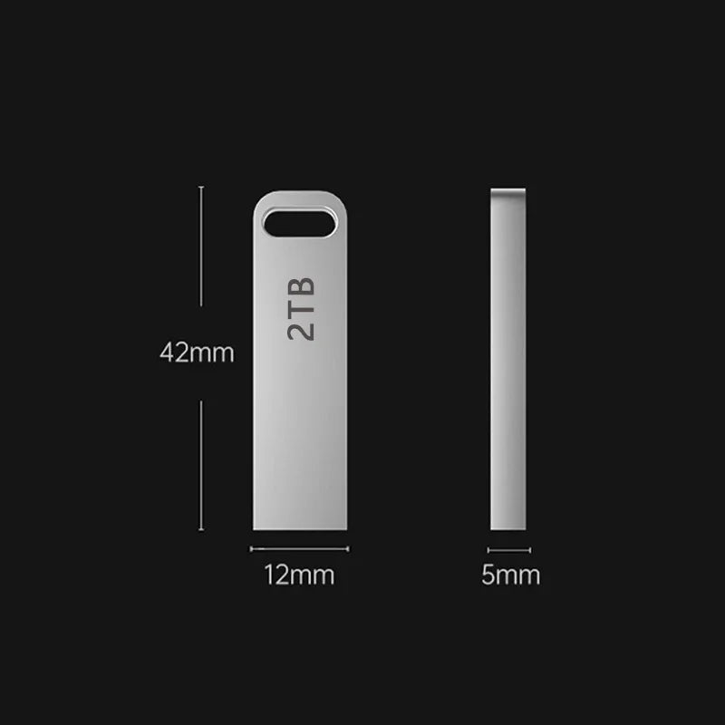 Slim silver 2TB USB flash drive showing dimensions of 42mm by 12mm by 5mm. Features a minimalist, metallic design.