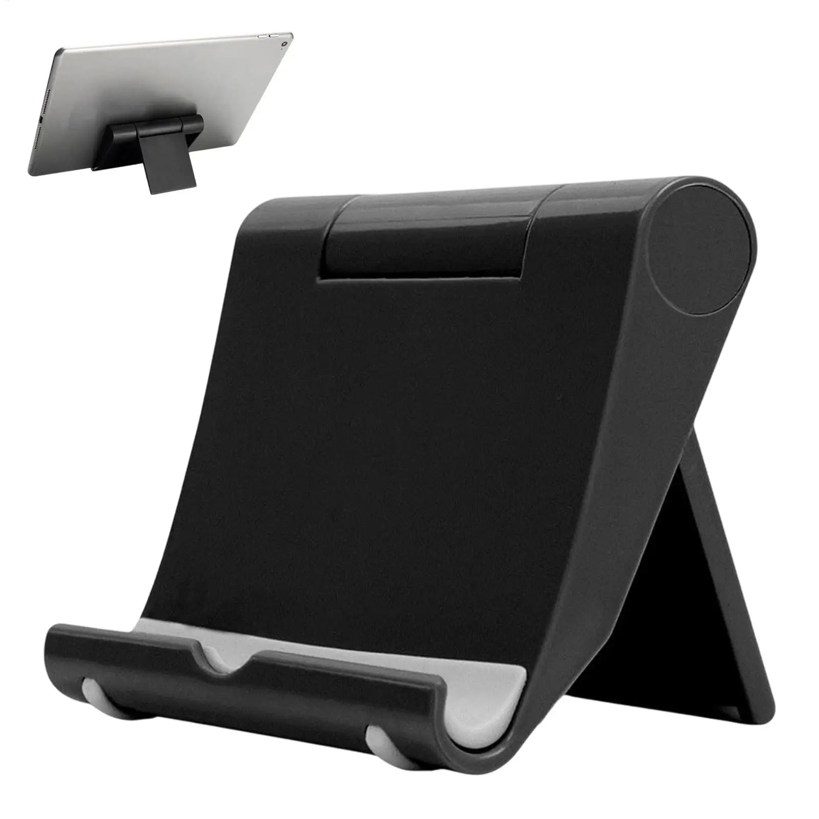 Black foldable tablet and smartphone stand with non-slip grey grips, shown empty and holding a tablet.
