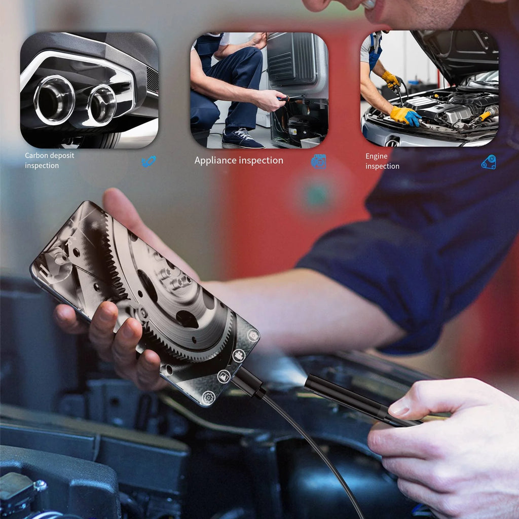 Black 7mm waterproof USB-C endoscope camera connected to a smartphone, inspecting car engines and home appliances.