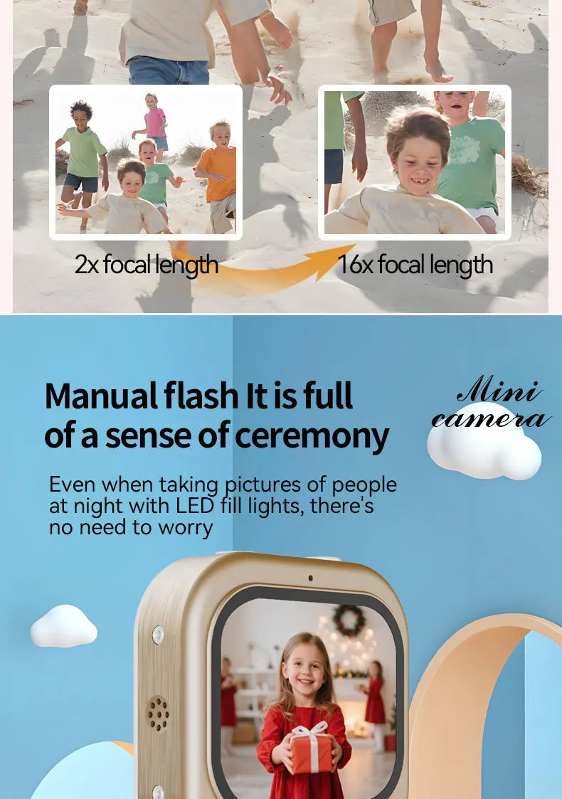 Light beige plastic mini digital camera for children with a rear screen, flash, and zoom capability.
