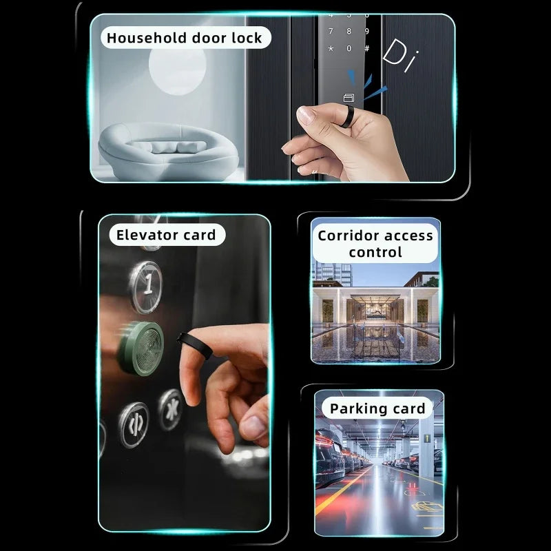 A slim black NFC smart ring shown unlocking doors, using elevator panels, and accessing secure car parks.