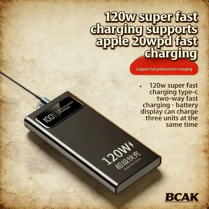 Sleek black 20,000mAh power bank with a digital battery display, capable of charging three devices simultaneously.