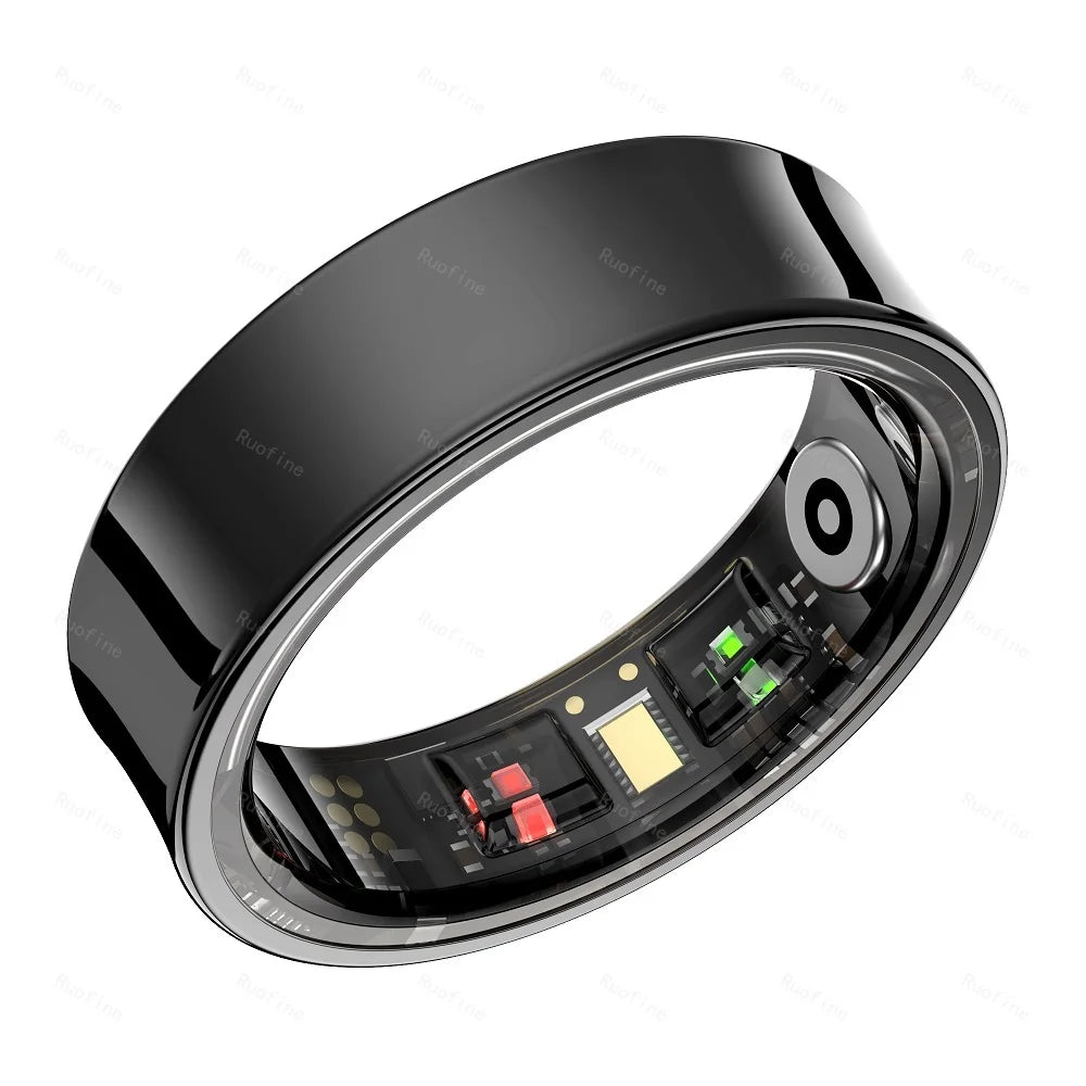 Sleek, glossy black smart health ring, showing interior health tracking sensors and LEDs.