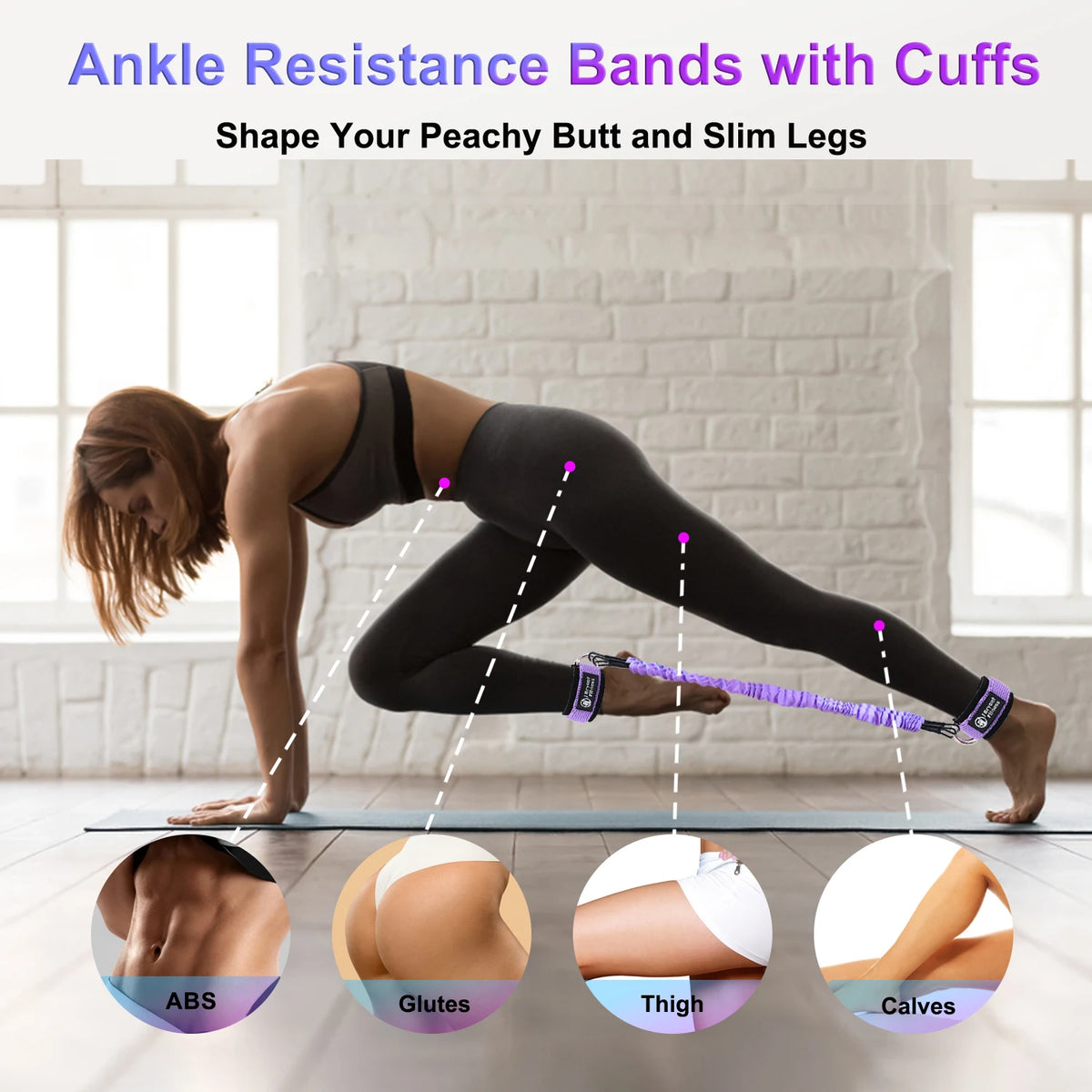 Woman exercising with light purple ankle resistance bands and padded cuffs attached to both legs.