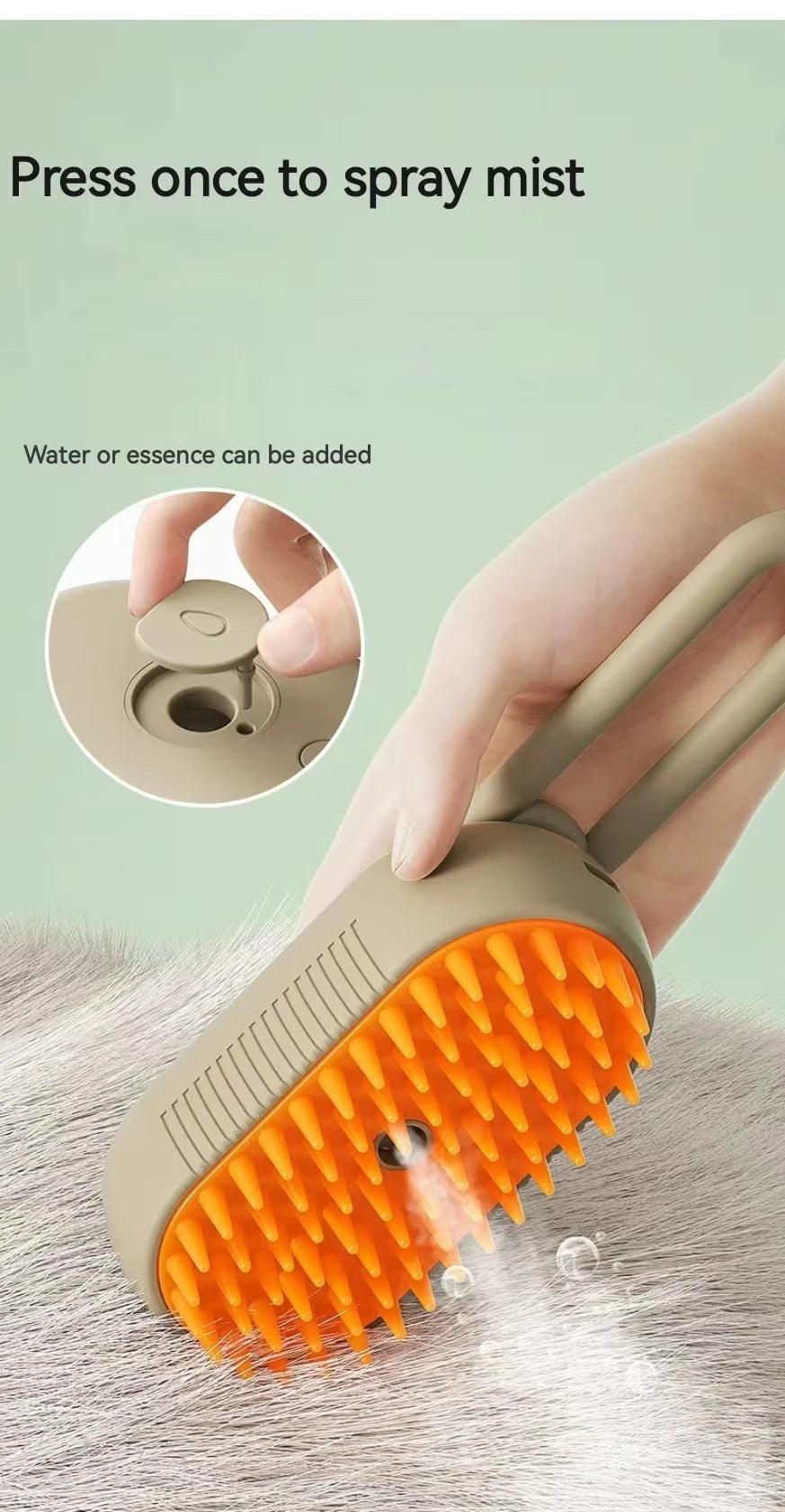 Beige handheld pet grooming brush with orange silicone bristles and a misting function shown on animal fur.