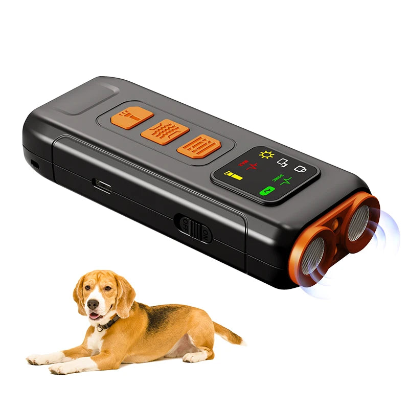 Black and orange rechargeable dog training device with ultrasonic speakers, LED strobe, and digital display.