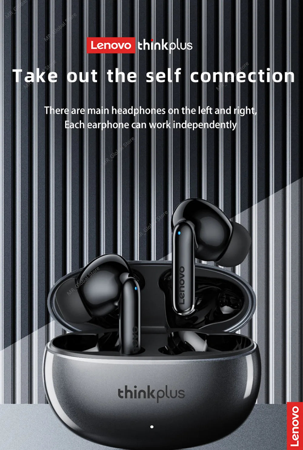 Shiny black wireless earbuds with a charging case against a textured metallic background.