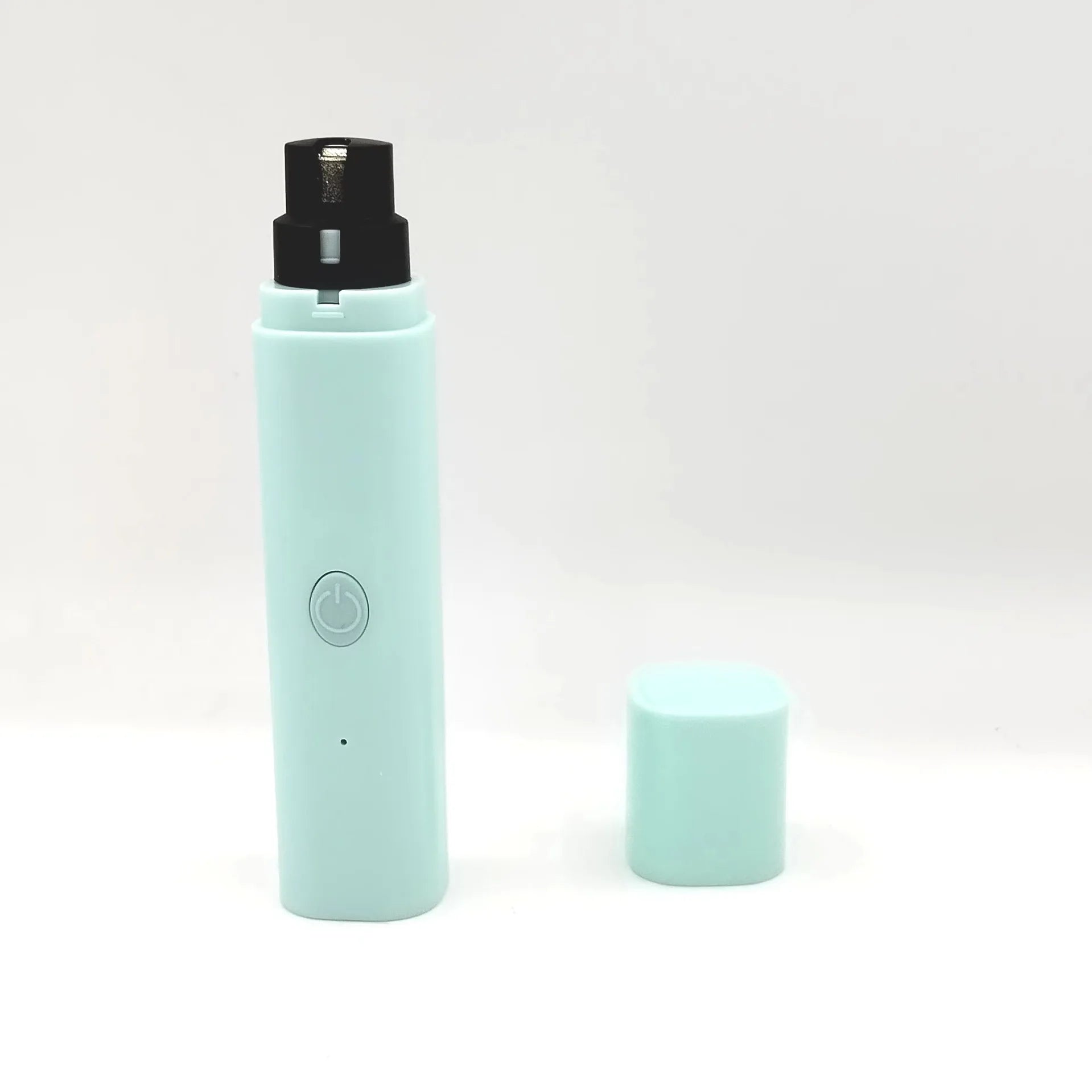 Pale blue electric pet nail grinder with a black grinding head, power button, and matching removable protective cap.