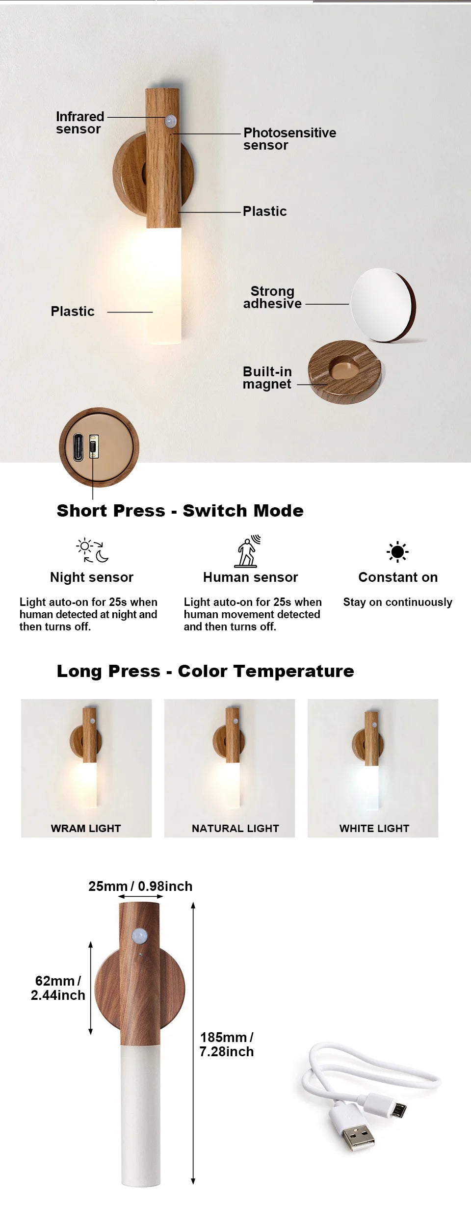 Magnetic LED night light with wood finish, motion sensor, adjustable colour temperature, and USB charging cable.