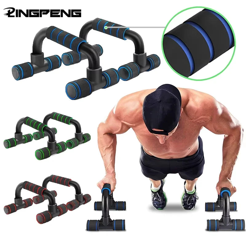 Set of black push-up bars with blue, green, or red foam grips, showing a man using them for exercise.
