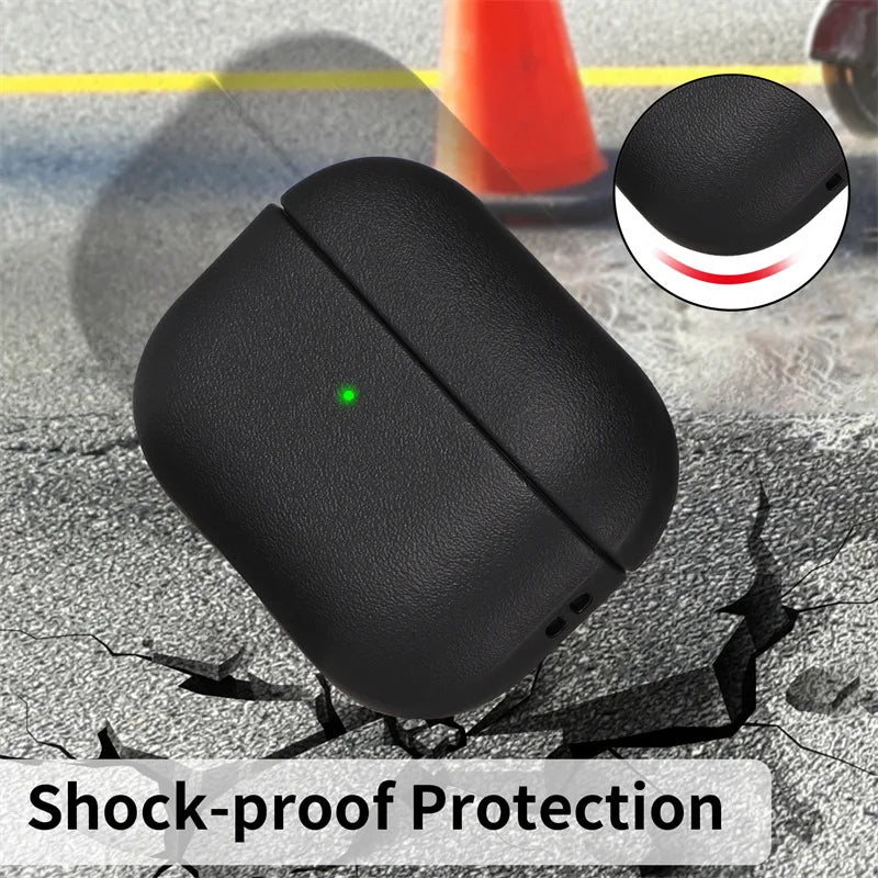 Black faux leather shock-proof protective case for AirPods, featuring a textured finish and LED charging indicator.