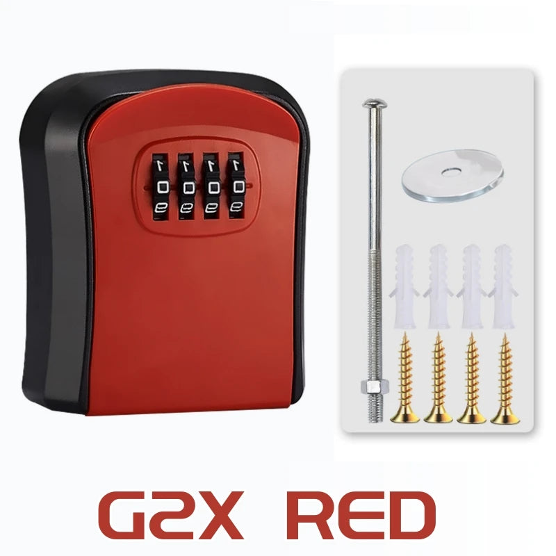 Red and black metal key lock box with a four-digit combination dial, including mounting hardware.