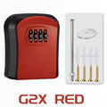 Red and black metal key lock box with a four-digit combination dial, including mounting hardware.