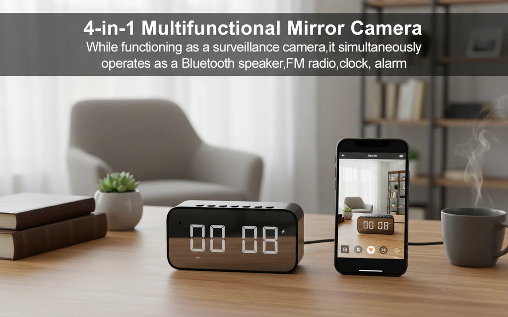 Black plastic digital mirror alarm clock with a built-in camera, shown on a desk alongside a smartphone app display.