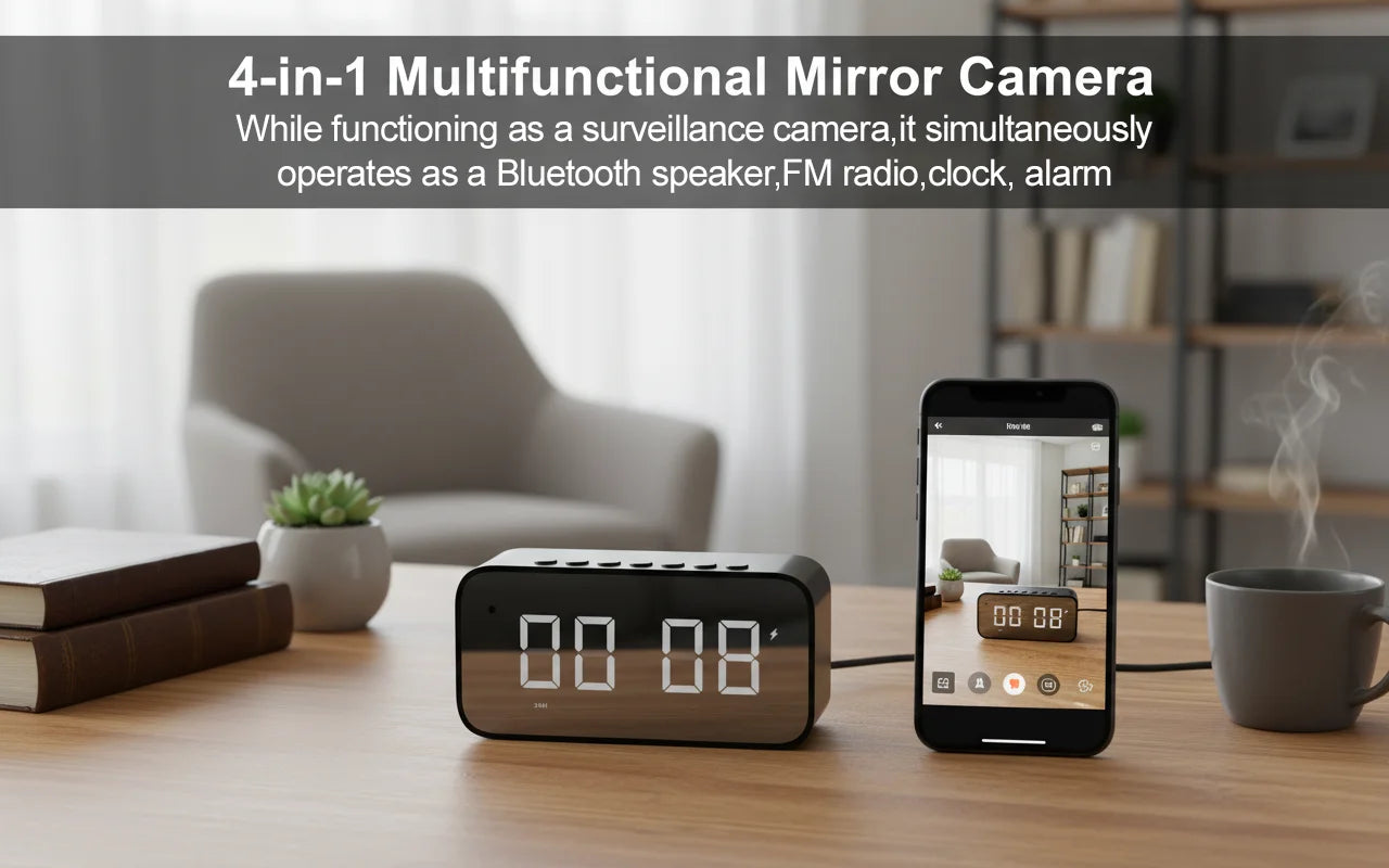 Black plastic digital mirror alarm clock with a built-in camera, shown on a desk alongside a smartphone app display.