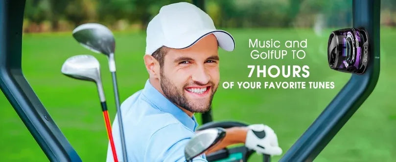 A golfer in a golf cart with a portable black Bluetooth speaker featuring purple RGB lighting attached to the frame.