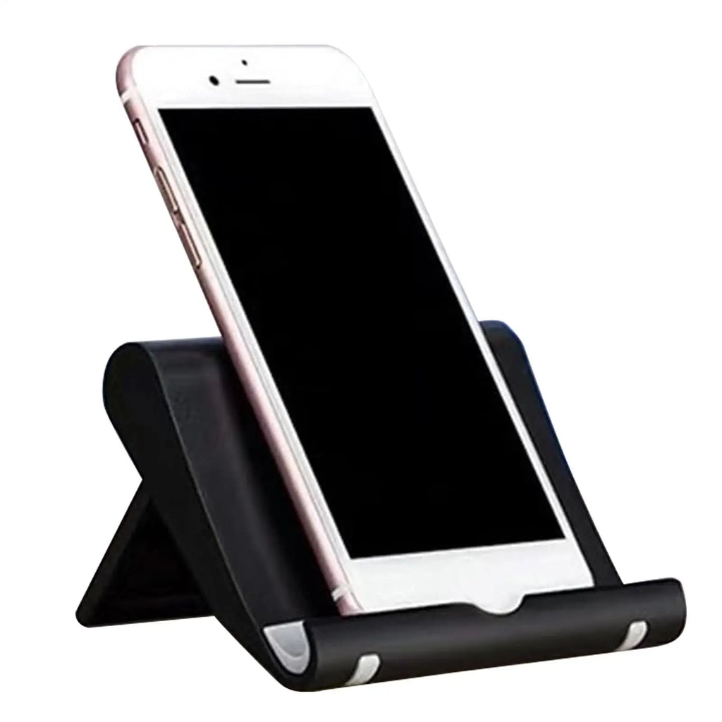 Smartphone resting in a sleek, black adjustable desktop stand for hands-free viewing.