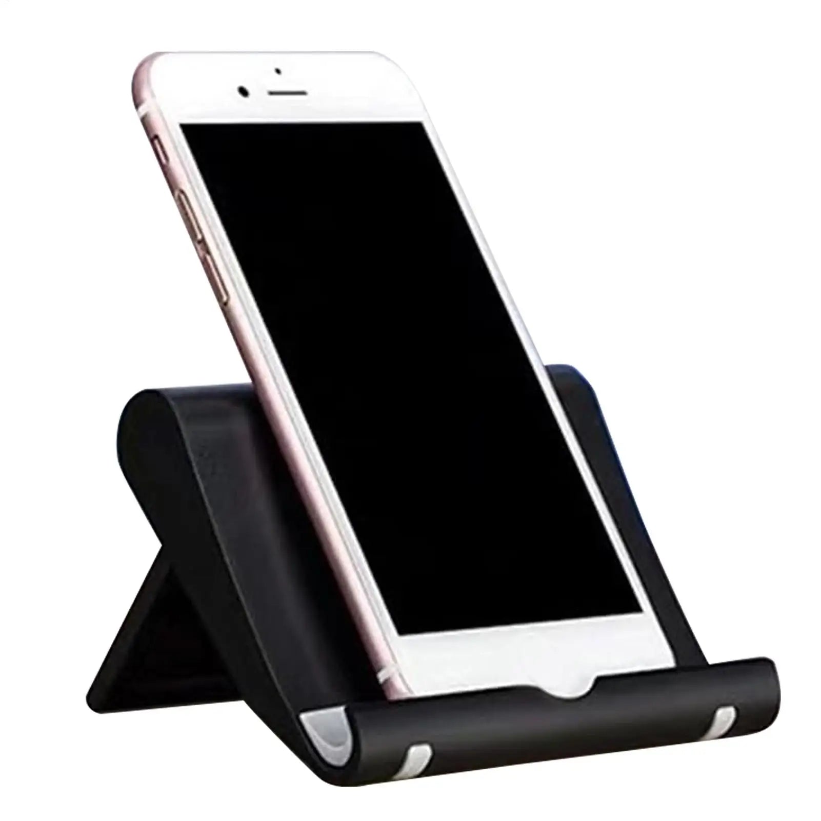 Smartphone resting in a sleek, black adjustable desktop stand for hands-free viewing.