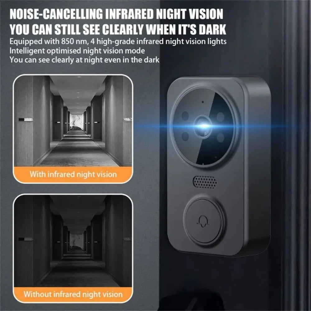 A sleek, dark grey wireless video doorbell with a central camera lens and circular button, showing night vision mode.