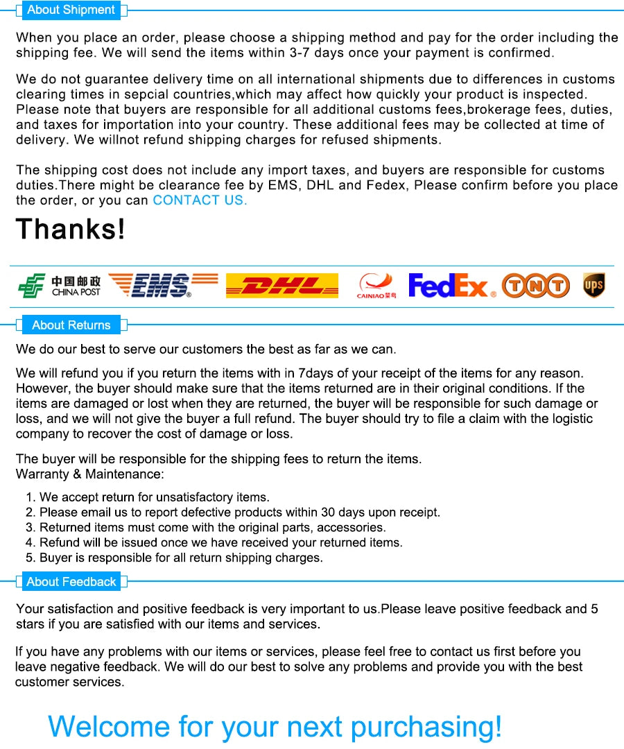 Informational text about store policies regarding international shipping, returns, and customer feedback.
