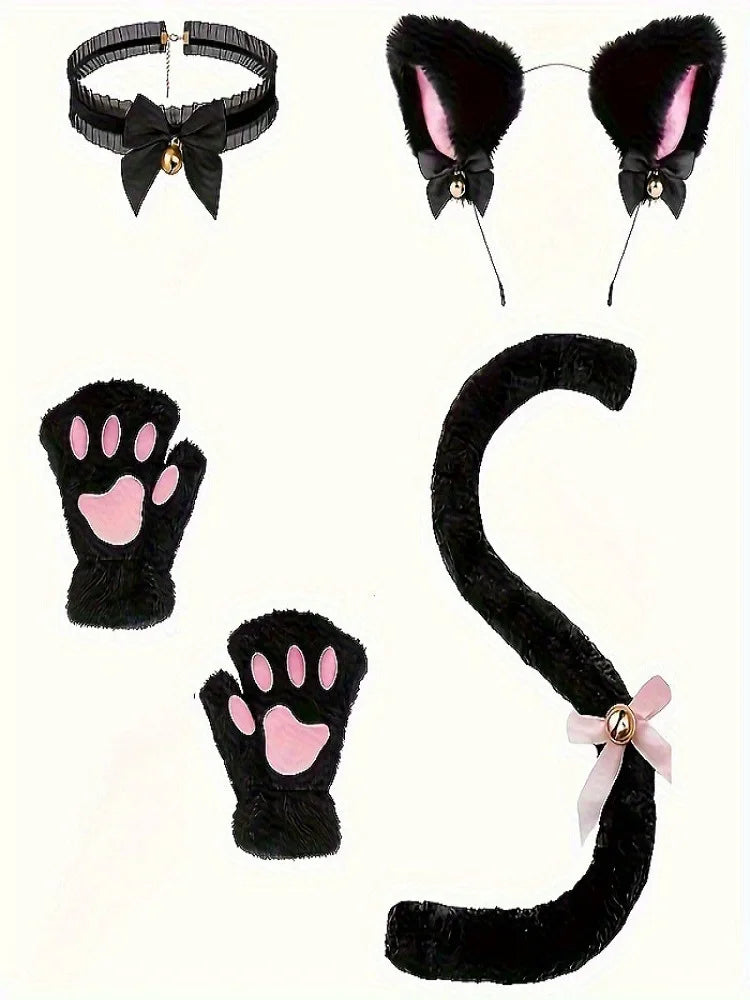 Five-piece black cat costume set: fluffy ears headband, paw gloves, choker with bell, and matching tail.