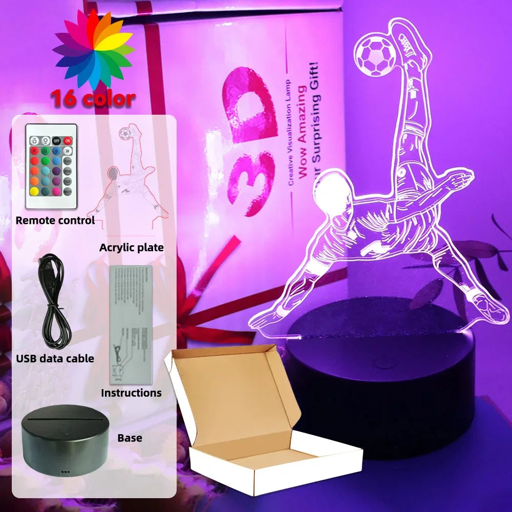 3D football player LED lamp with 16-color remote, acrylic plate, USB cable, and base, shown with its presentation box.