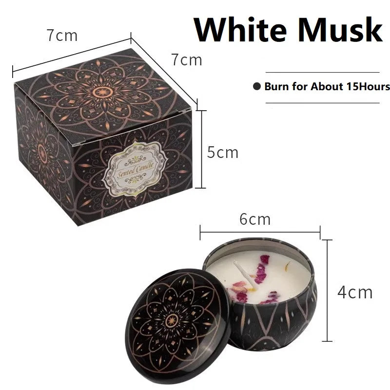 White musk scented candle in a decorative black tin with floral pattern, 15-hour burn time, with matching gift box.