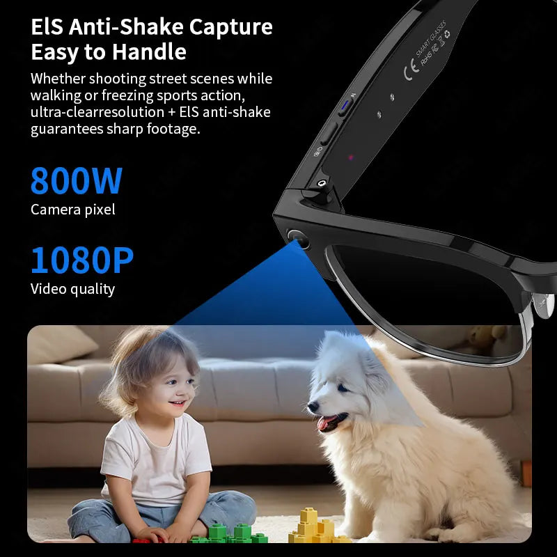 Sleek black smart glasses featuring an integrated camera for high-quality, anti-shake video recording and translation.