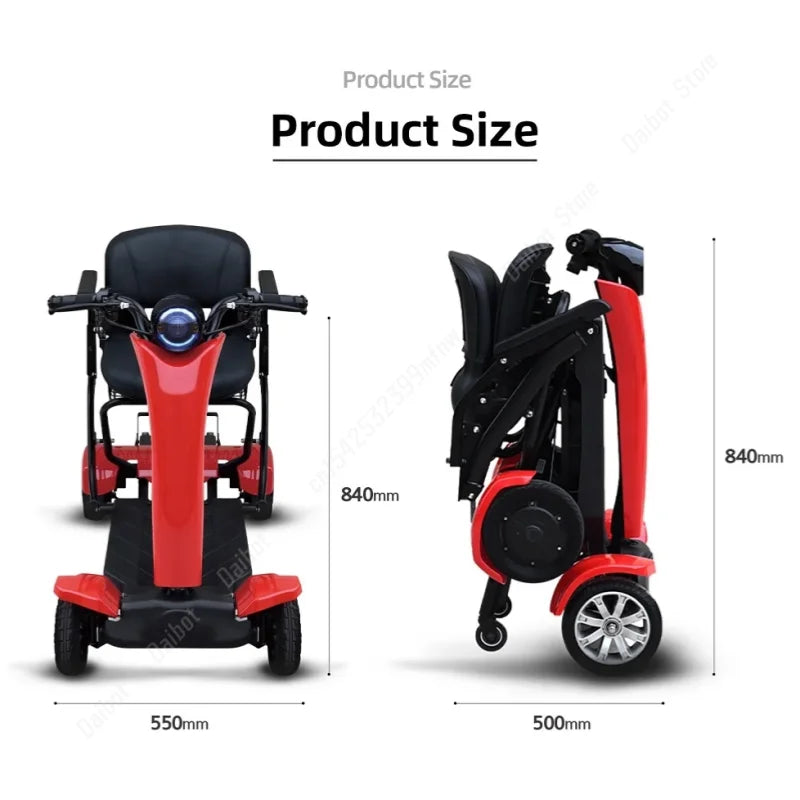 Red 4-wheel electric mobility scooter shown unfolded and folded, featuring black seat, handlebars, and dimensions.