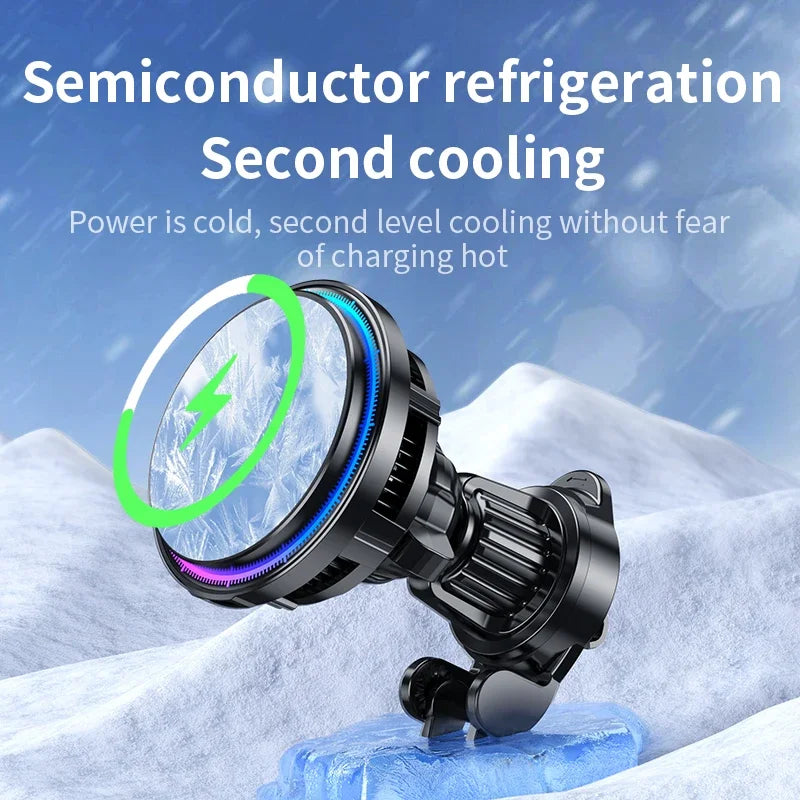 Black semiconductor cooling phone charger with a circular design, glowing accents, and an icy, frozen-textured surface.