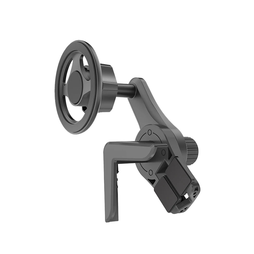 Black adjustable car phone mount with a vent clip and a circular holder, featuring a modern, sleek plastic design.