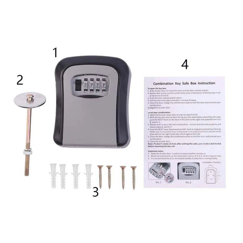 A black and grey wall-mounted key safe box with a 4-digit combination dial, mounting hardware, and instruction sheet.