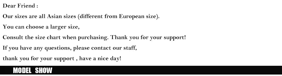Text image advising that Asian sizing is used and suggesting customers check the size chart before purchasing.