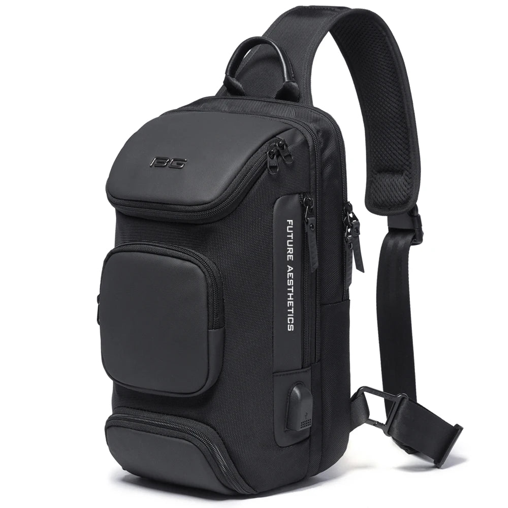Black anti-theft crossbody bag with a single padded shoulder strap, multiple zipped compartments and external USB port.