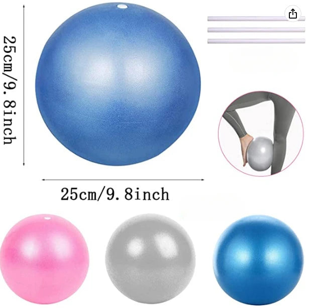 A blue 25cm exercise ball, with smaller pink, grey, and blue options, straw, and an image showing use.