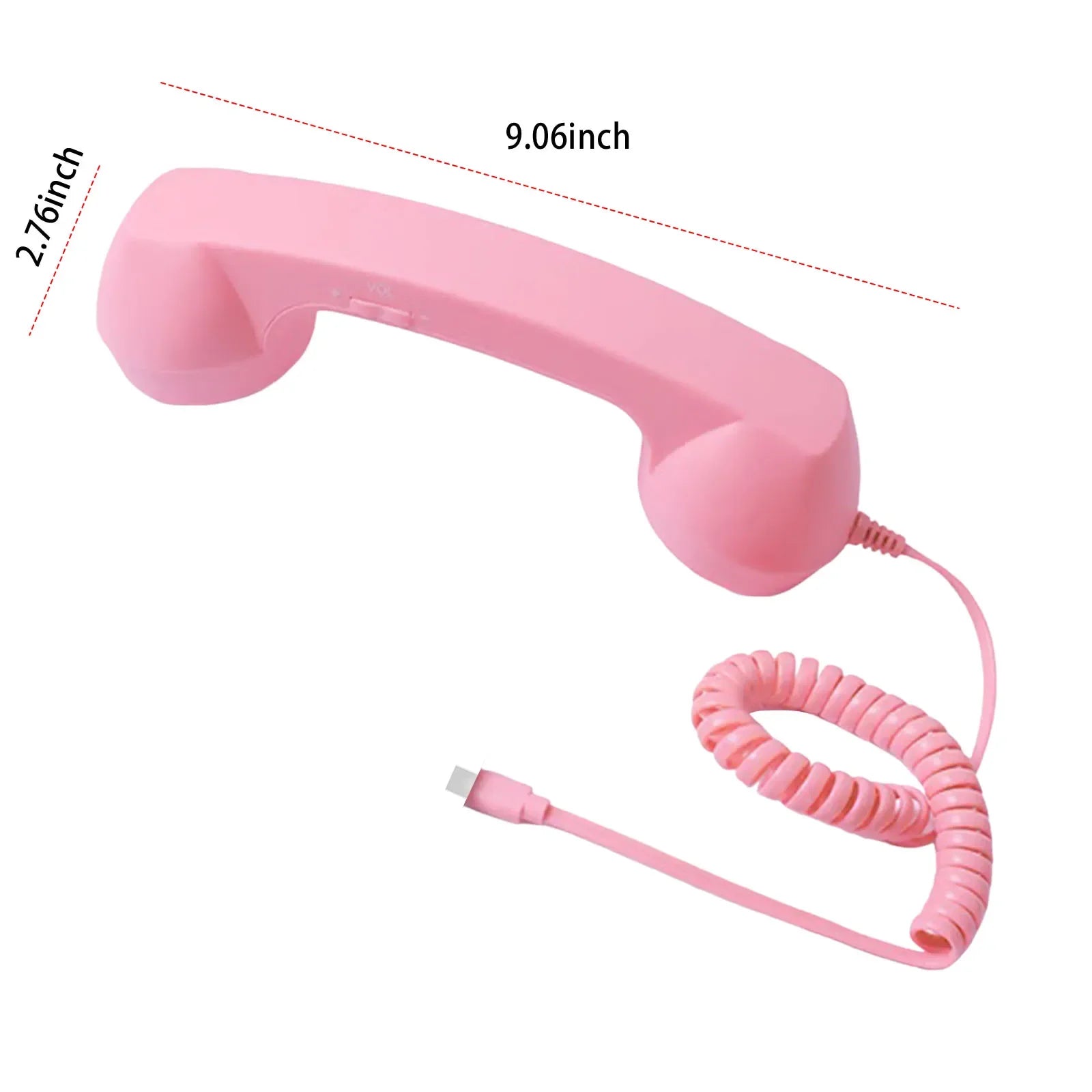 Retro pink telephone handset with a coiled cable and USB-C connector, showing 9.06-inch and 2.76-inch dimensions.