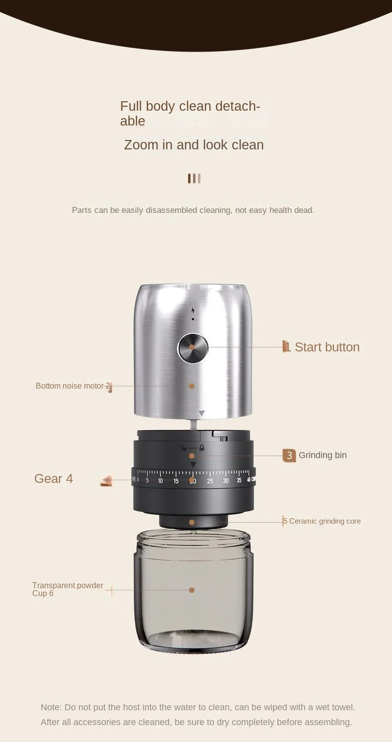 Exploded view of a modular silver and black coffee grinder with a transparent powder cup and ceramic grinding core.