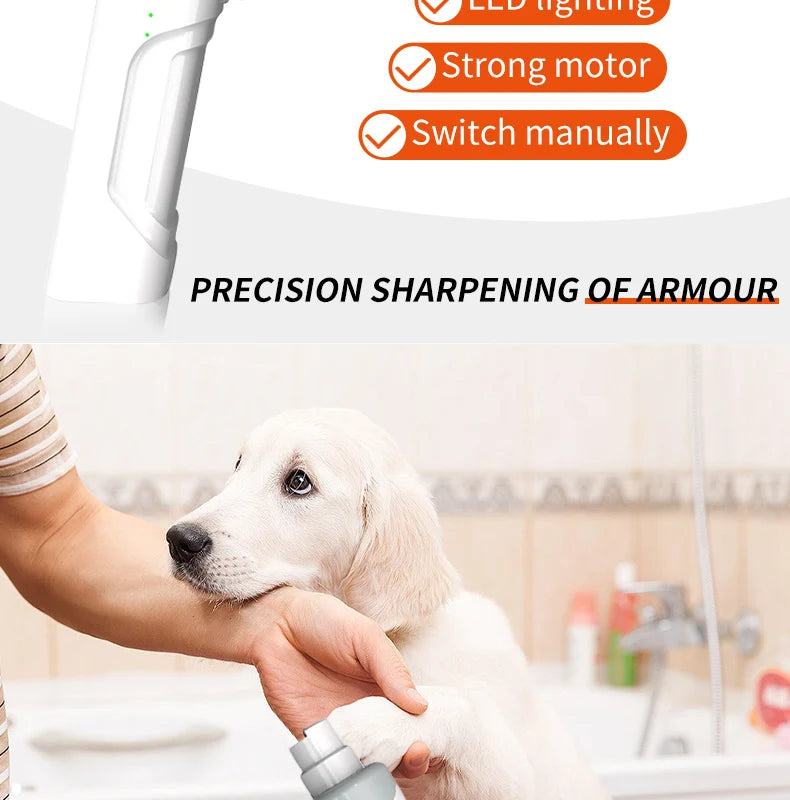 White electric pet nail grinder with LED light, strong motor, and 2 speeds being used on a puppy.