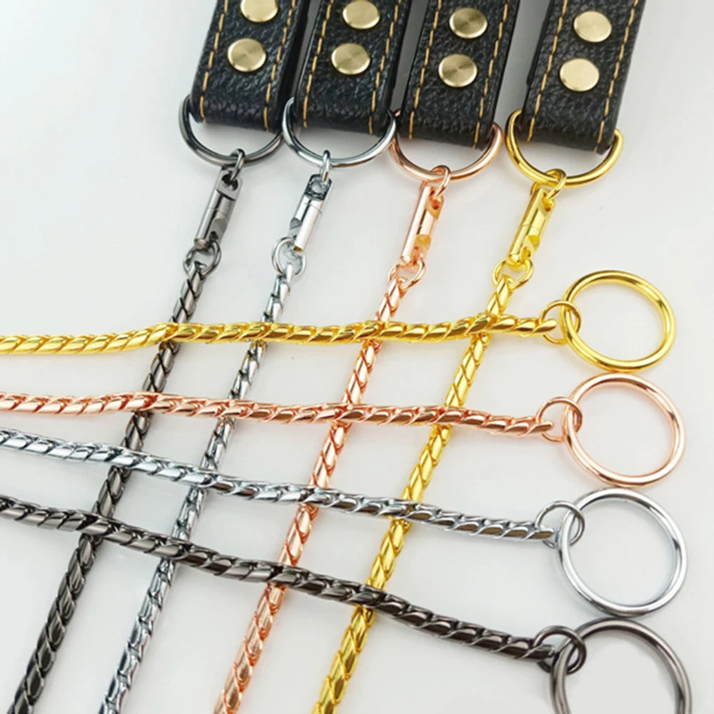 Stainless steel slip-knot dog leashes with black leather handles in gold, silver, rose gold, and gunmetal.