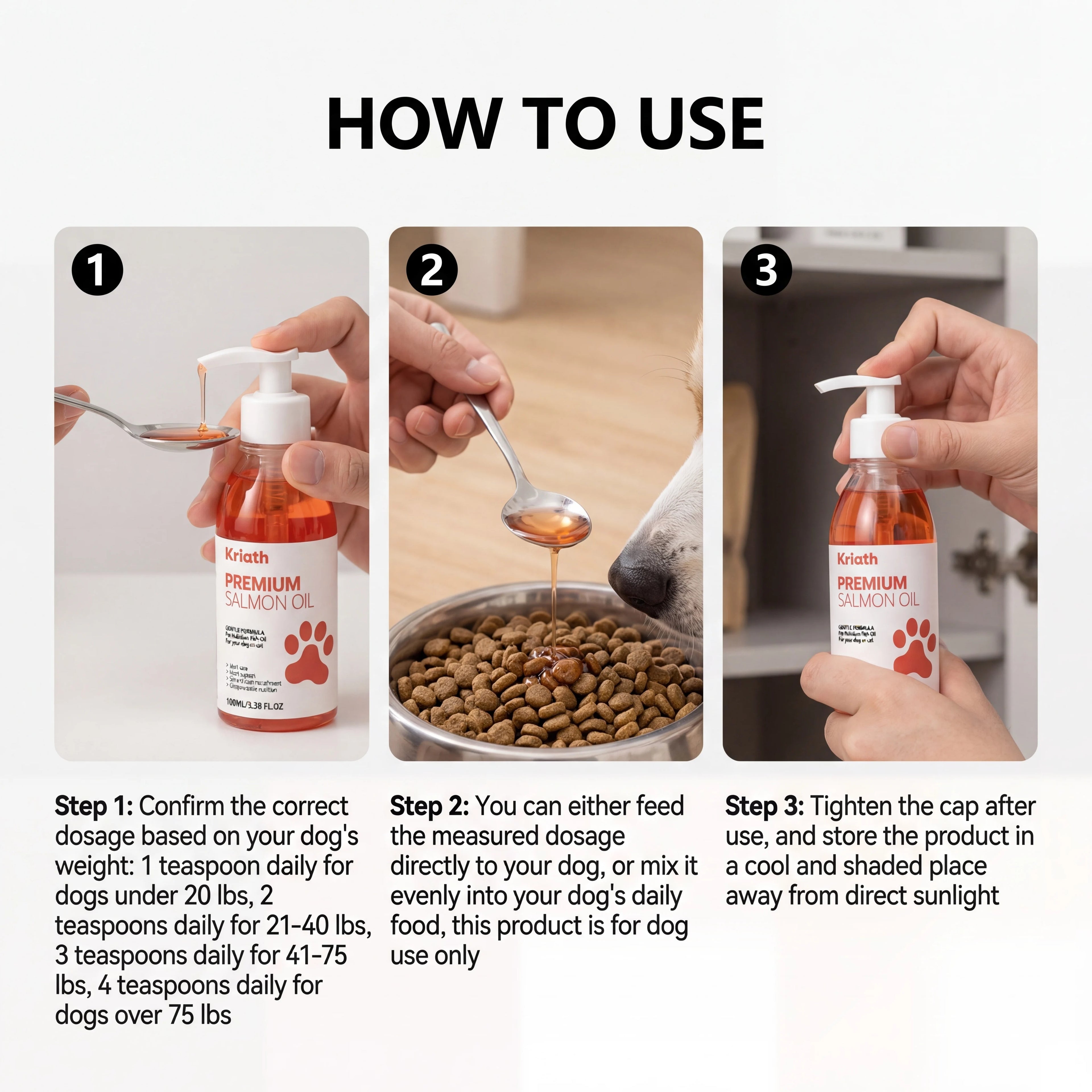 Three-step guide on using pump-bottle orange salmon oil for dogs, showing measurement, mixing with food, and storage.