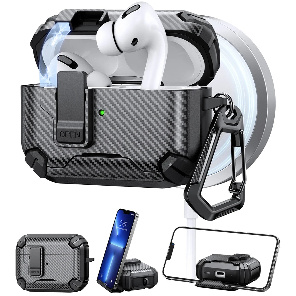 Rugged black carbon fibre-style protective case for AirPods Pro, featuring a secure locking latch and carabiner.