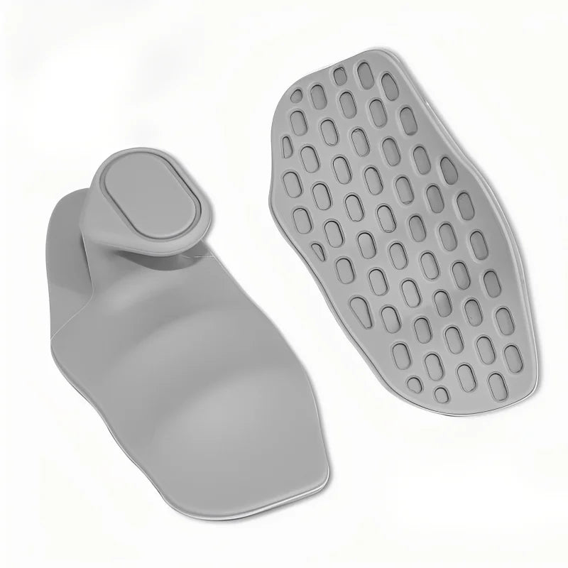 Two grey silicone finger guards for kitchen knives with a smooth handle and textured, oval-patterned protective plate.