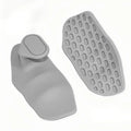 Two grey silicone finger guards for kitchen knives with a smooth handle and textured, oval-patterned protective plate.