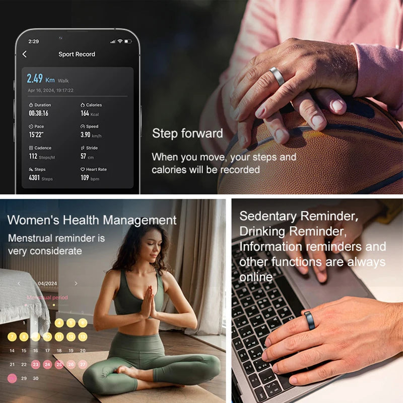 Sleek silver and dark grey smart health rings worn on fingers, showing fitness tracking and app health data interfaces.